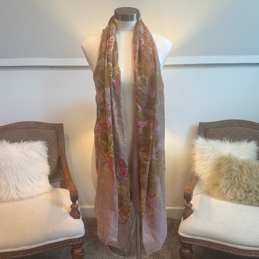 Elegant Floral Butterfly Scarf Pashmina in Brown & Pink, Boho Festival Ravewear
